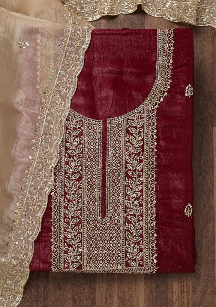 Maroon Threadwork Semi Crepe Unstitched Salwar Suit-Koskii