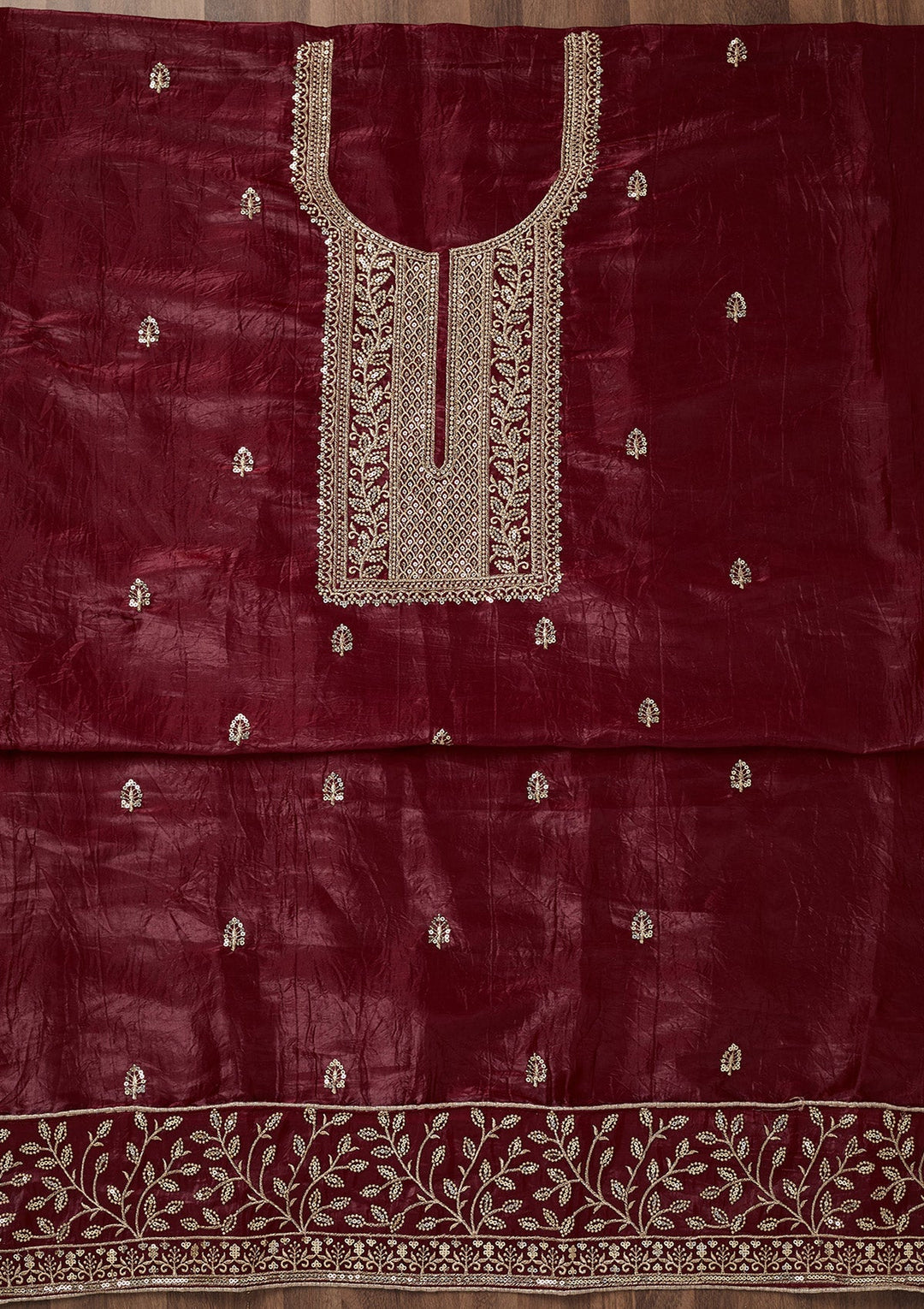 Maroon Threadwork Semi Crepe Unstitched Salwar Suit-Koskii