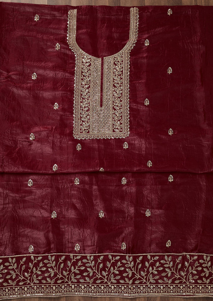 Maroon Threadwork Semi Crepe Unstitched Salwar Suit-Koskii