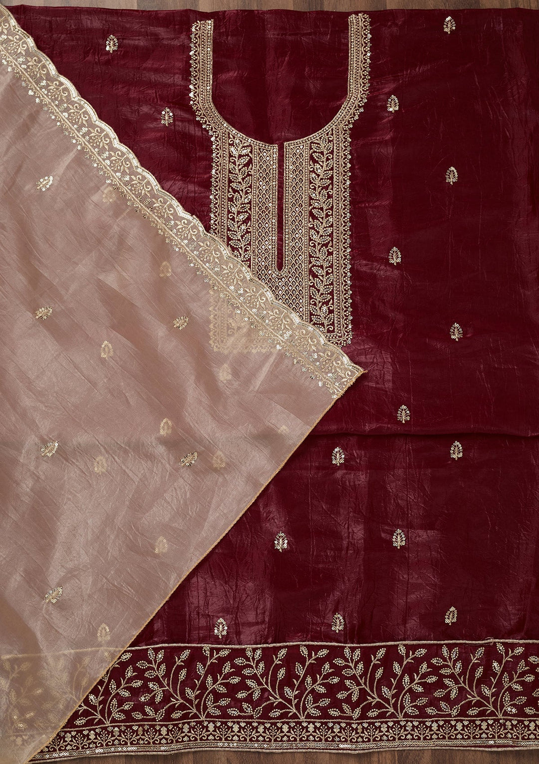Maroon Threadwork Semi Crepe Unstitched Salwar Suit-Koskii