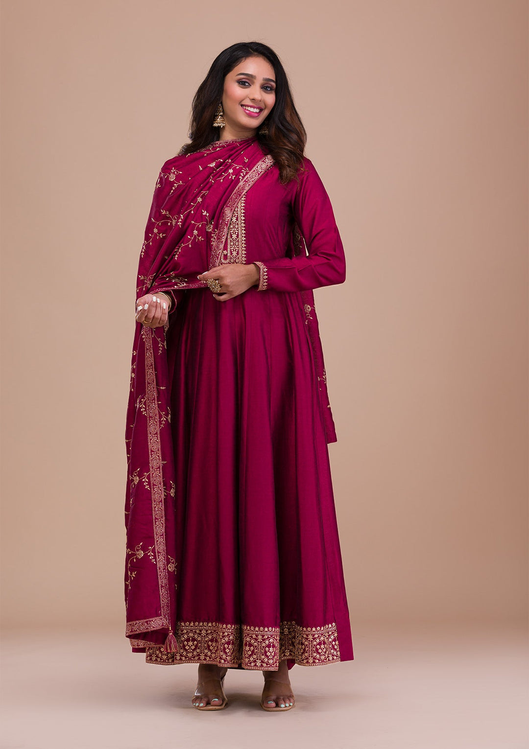 Maroon Zariwork Art Silk Readymade Sharara Kameez
