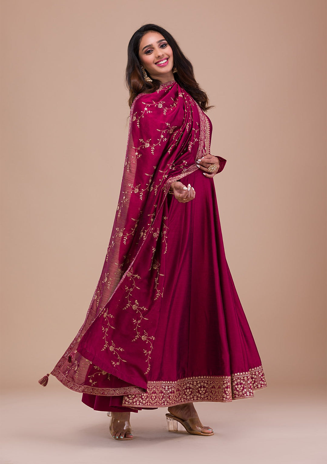 Maroon Zariwork Art Silk Readymade Sharara Kameez