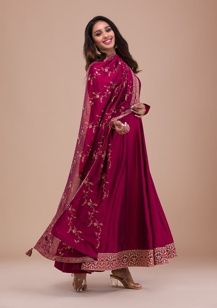 Maroon Zariwork Art Silk Readymade Sharara Kameez