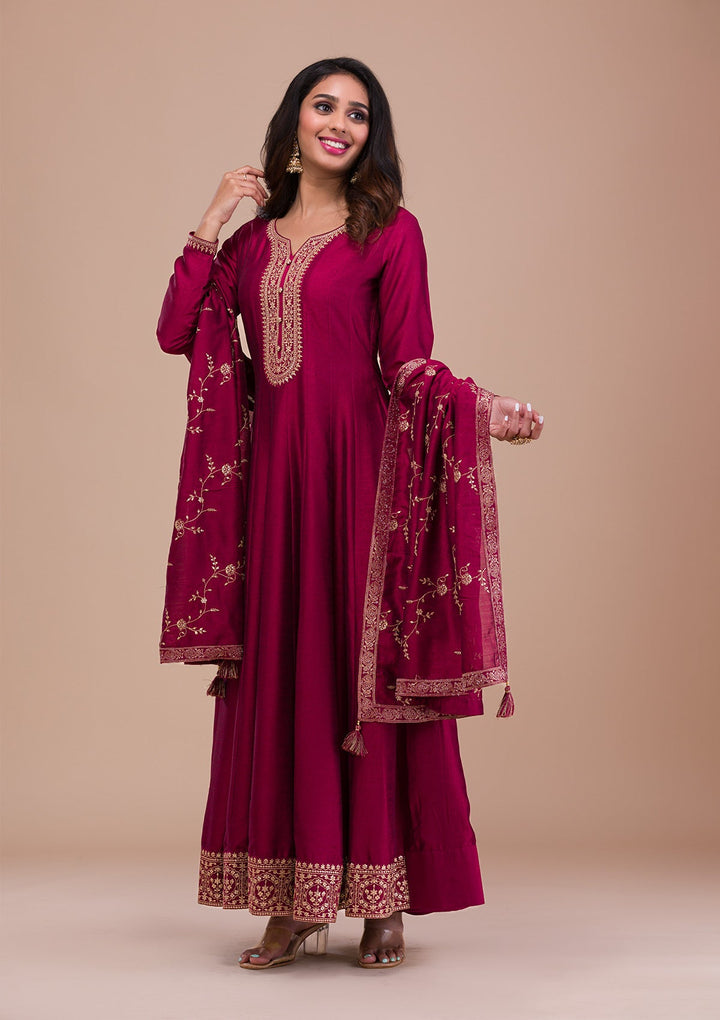 Maroon Zariwork Art Silk Readymade Sharara Kameez