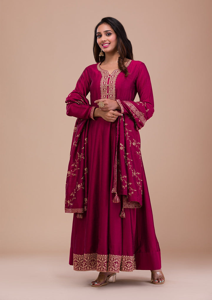 Maroon Zariwork Art Silk Readymade Sharara Kameez