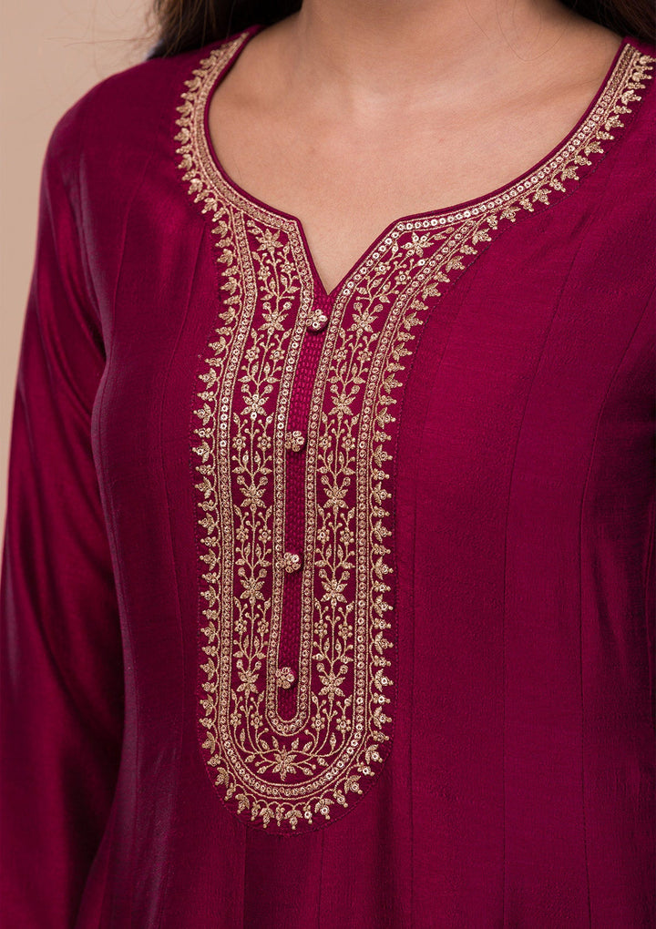 Maroon Zariwork Art Silk Readymade Sharara Kameez