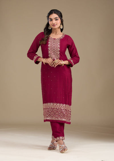 Maroon Zariwork Art Silk Readymade Salwar Suit-Koskii