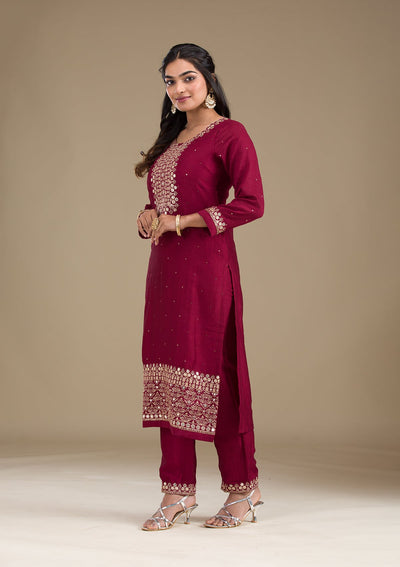 Maroon Zariwork Art Silk Readymade Salwar Suit-Koskii