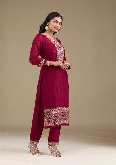 Maroon Zariwork Art Silk Readymade Salwar Suit-Koskii