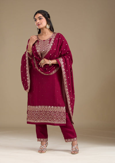 Maroon Zariwork Art Silk Readymade Salwar Suit-Koskii