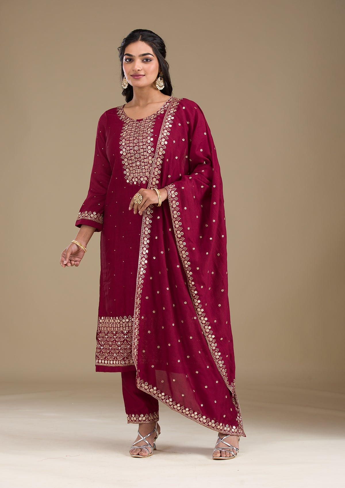 Maroon Zariwork Art Silk Readymade Salwar Suit-Koskii