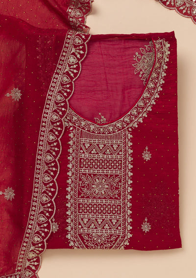 Maroon Zariwork Art Silk Unstitched Salwar Suit