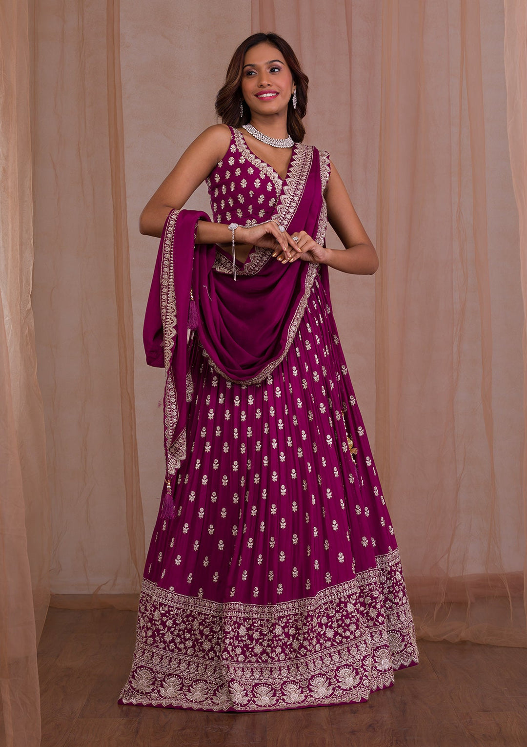 Maroon Zariwork Crepe Readymade Lehenga-Koskii