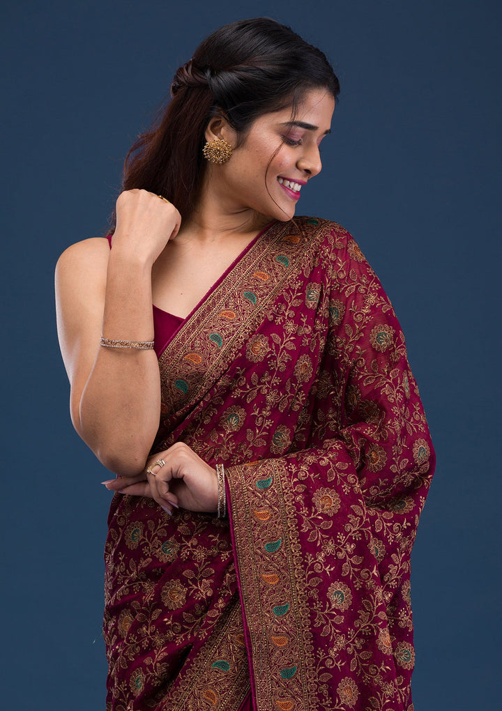 Maroon Zariwork Georgette Saree-Koskii
