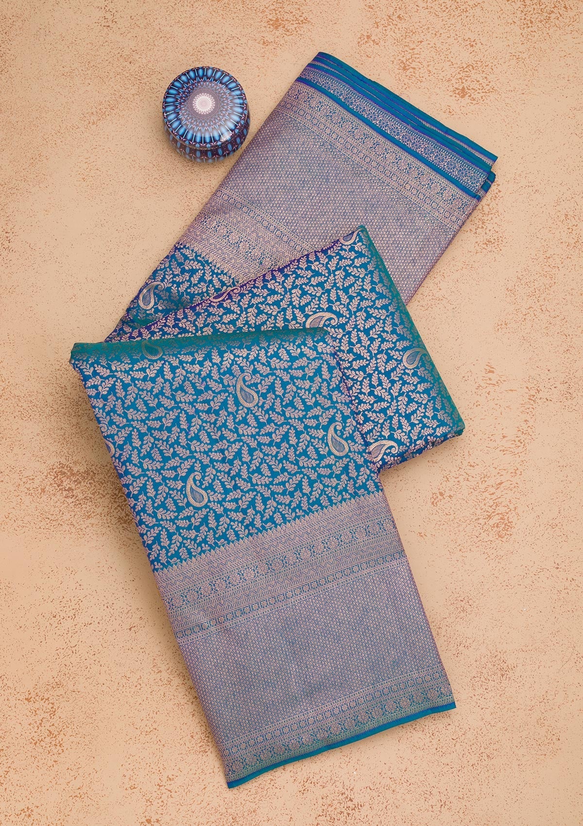 Peacock Blue Zariwork Pure Silk Saree-Koskii