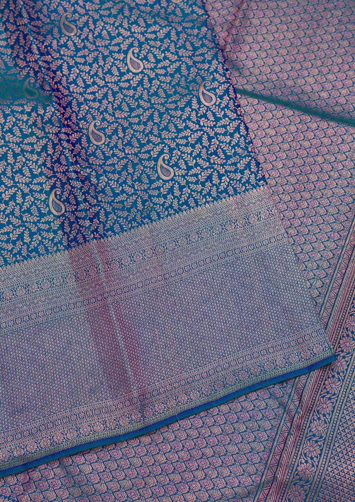 Peacock Blue Zariwork Pure Silk Saree-Koskii
