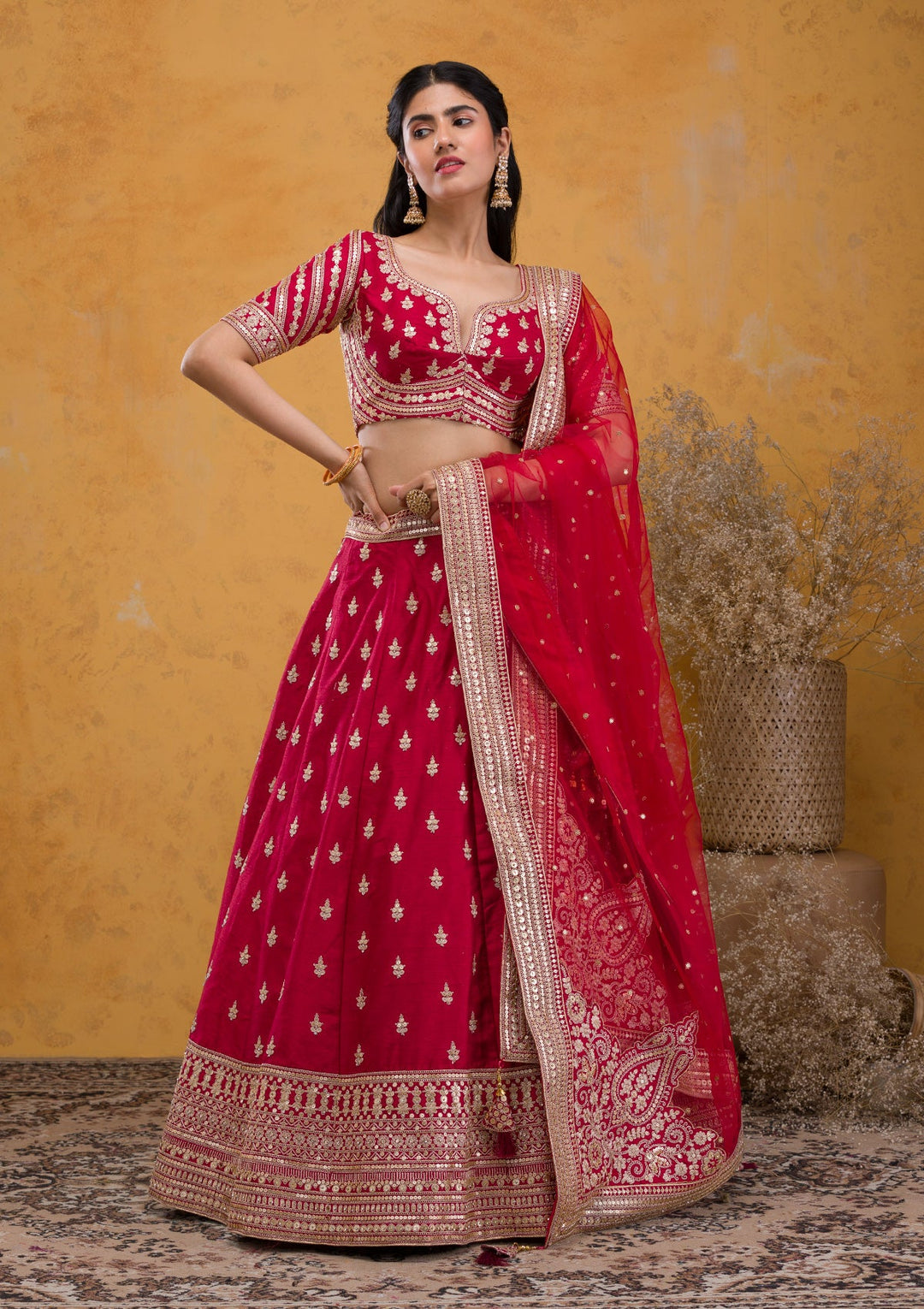 Maroon Zariwork Raw Silk Readymade Lehenga-Koskii