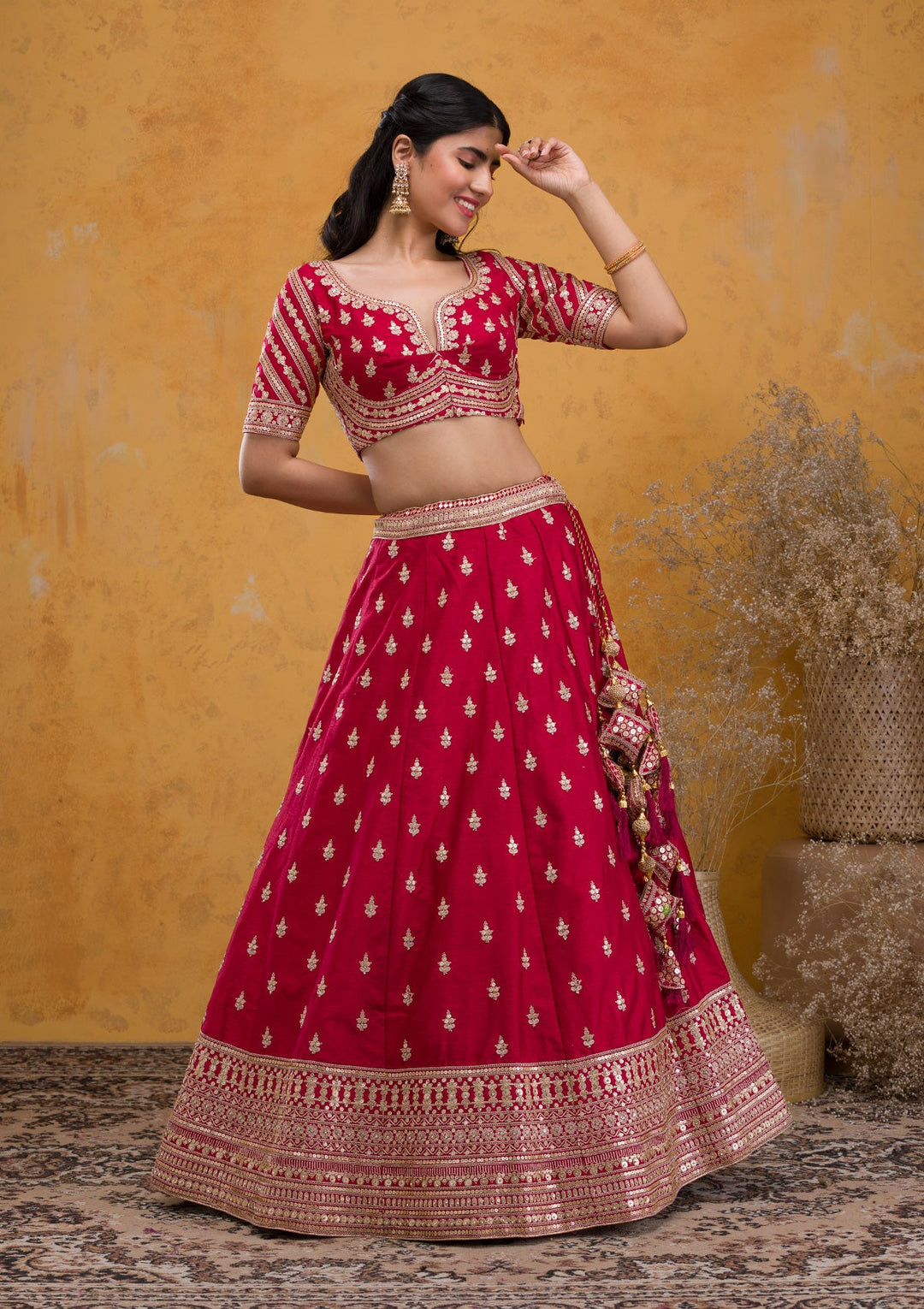 Maroon Zariwork Raw Silk Readymade Lehenga-Koskii