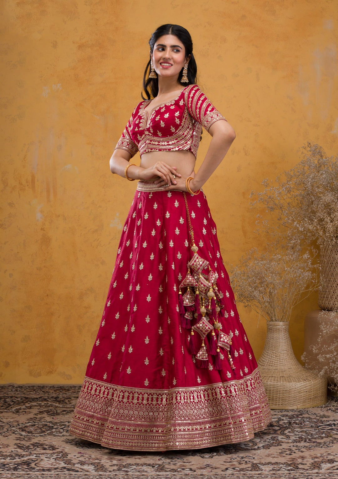 Maroon Zariwork Raw Silk Readymade Lehenga-Koskii