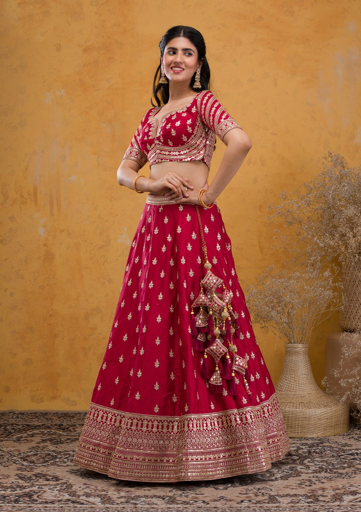 Maroon Zariwork Raw Silk Readymade Lehenga-Koskii