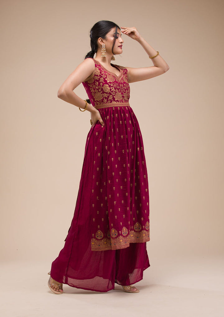 Maroon Zariwork Raw Silk Readymade Salwar Suit-Koskii