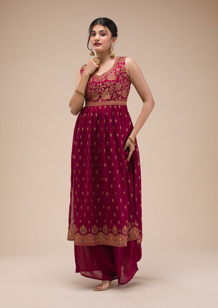 Maroon Zariwork Raw Silk Readymade Salwar Suit-Koskii