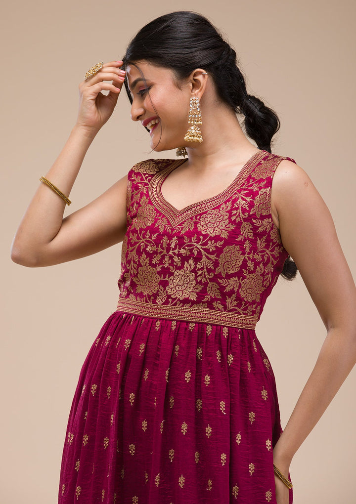 Maroon Zariwork Raw Silk Readymade Salwar Suit-Koskii