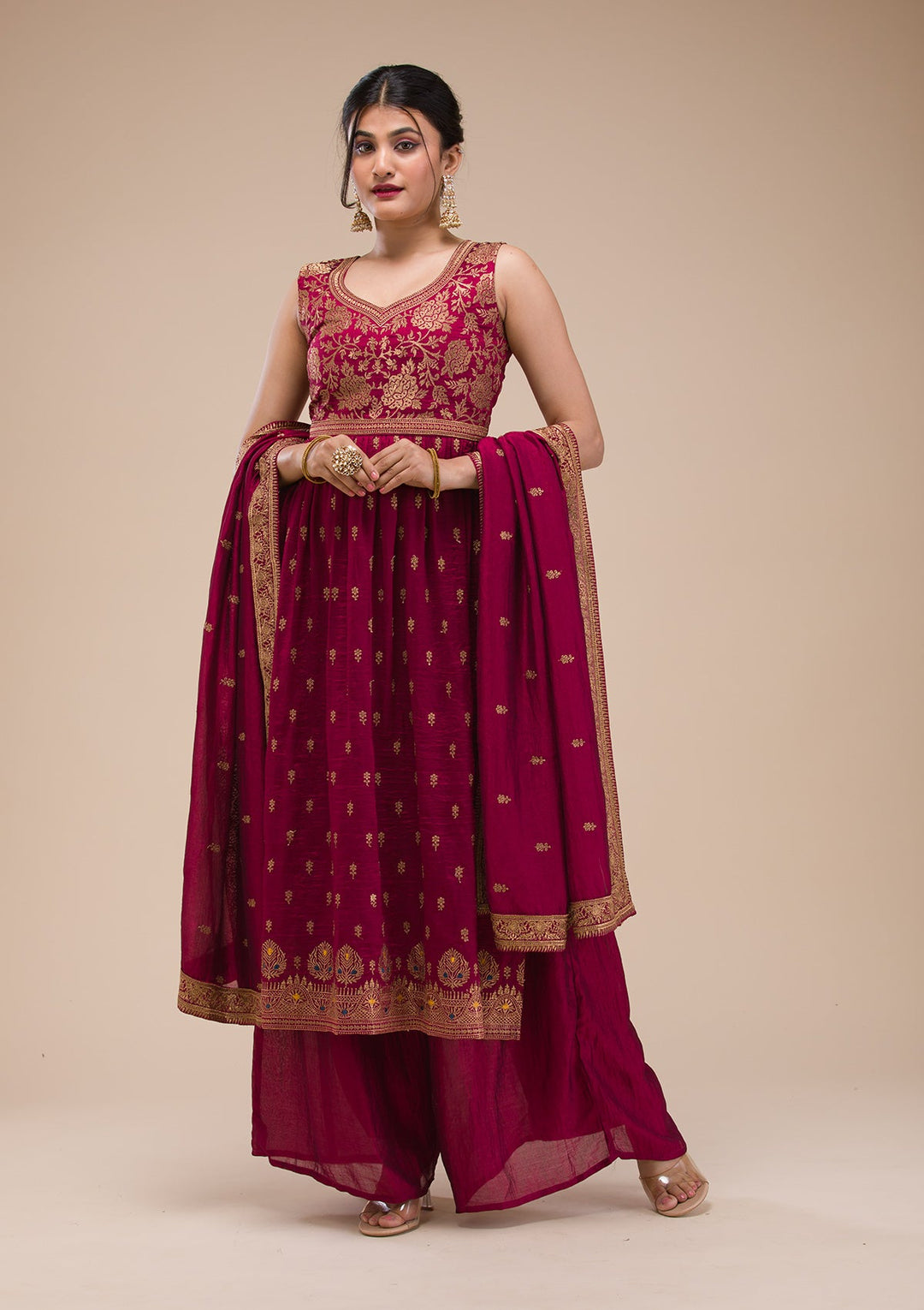 Maroon Zariwork Raw Silk Readymade Salwar Suit-Koskii