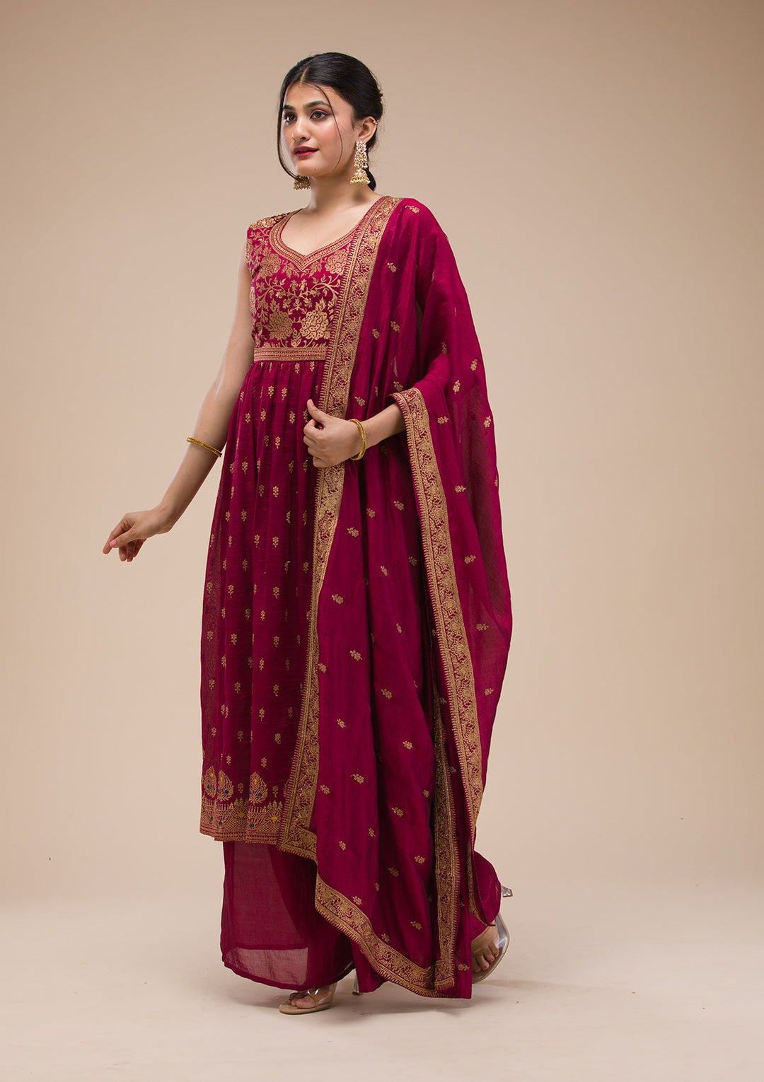 Maroon Zariwork Raw Silk Readymade Salwar Suit-Koskii