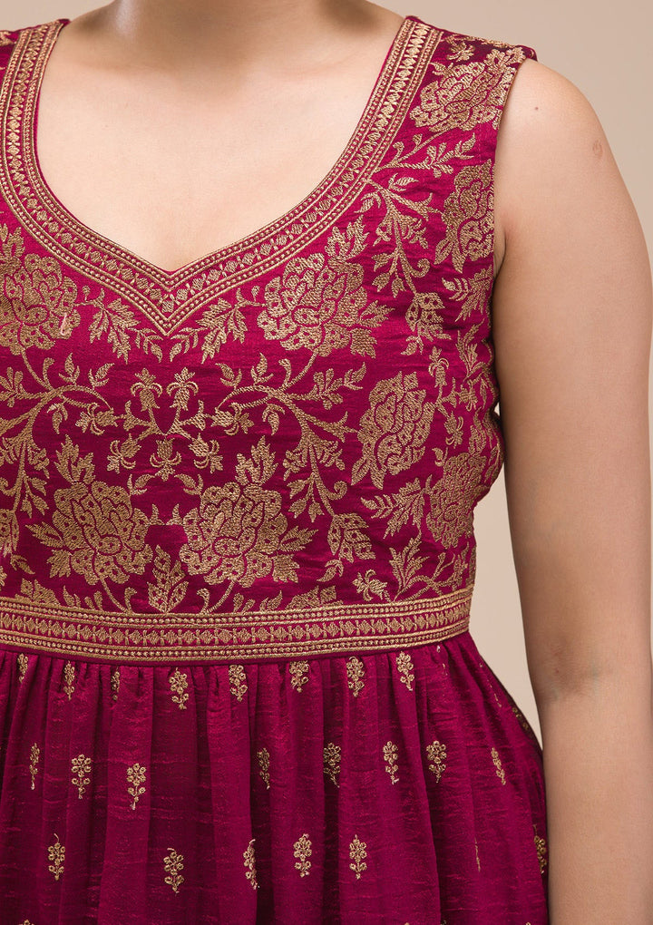 Maroon Zariwork Raw Silk Readymade Salwar Suit-Koskii