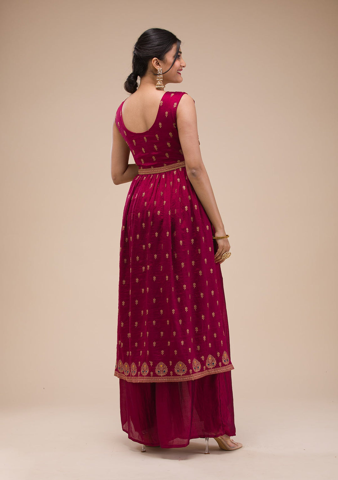 Maroon Zariwork Raw Silk Readymade Salwar Suit-Koskii