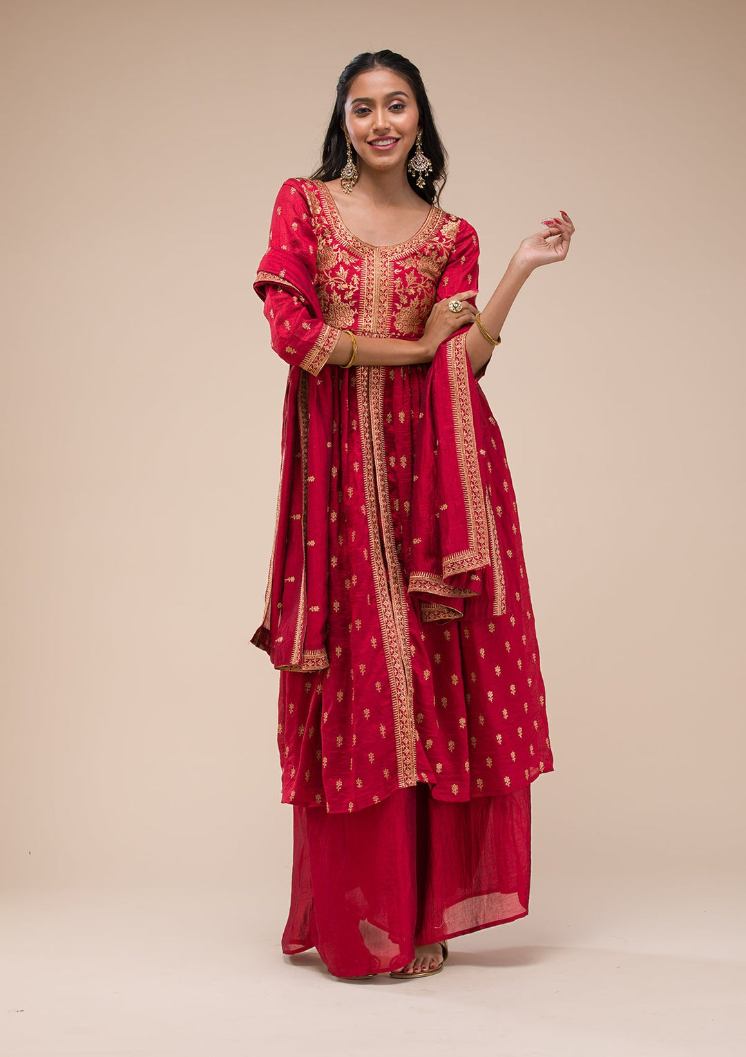 Maroon Zariwork Raw Silk Readymade Salwar Suit-Koskii