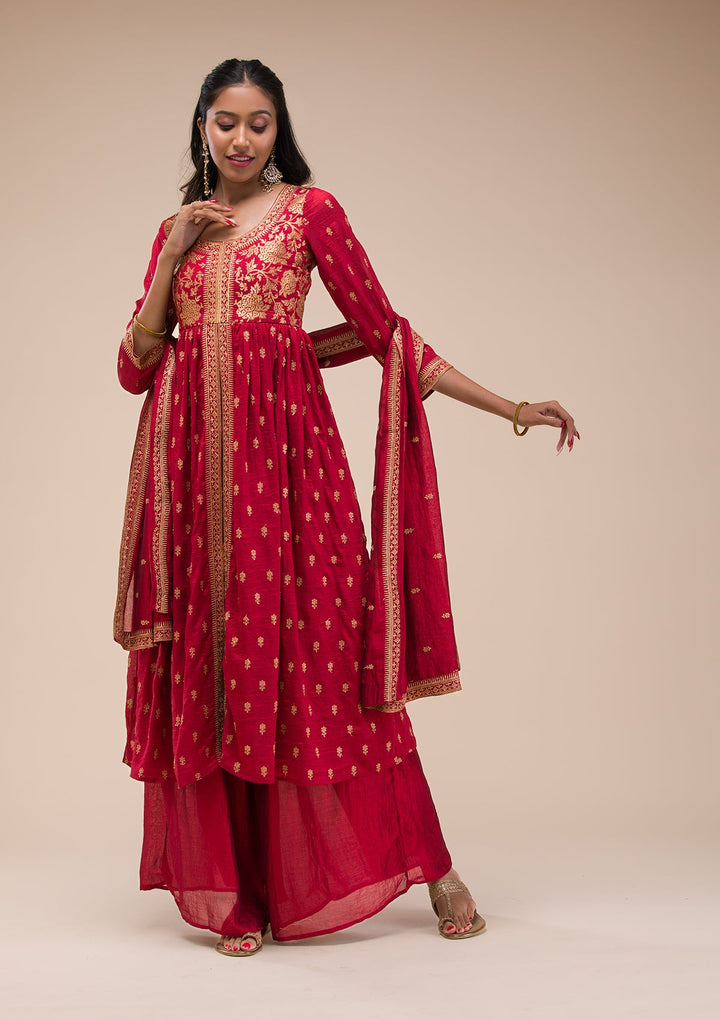 Maroon Zariwork Raw Silk Readymade Salwar Suit-Koskii