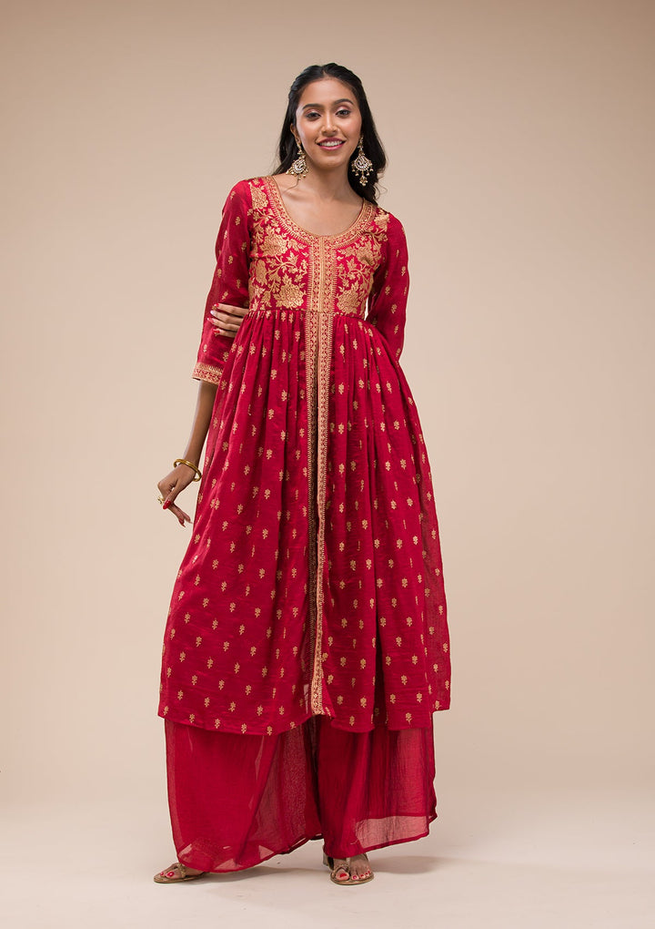 Maroon Zariwork Raw Silk Readymade Salwar Suit-Koskii