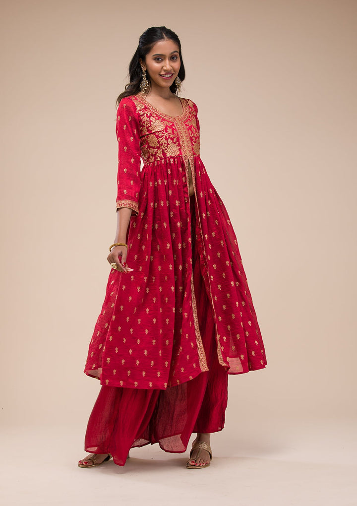 Maroon Zariwork Raw Silk Readymade Salwar Suit-Koskii