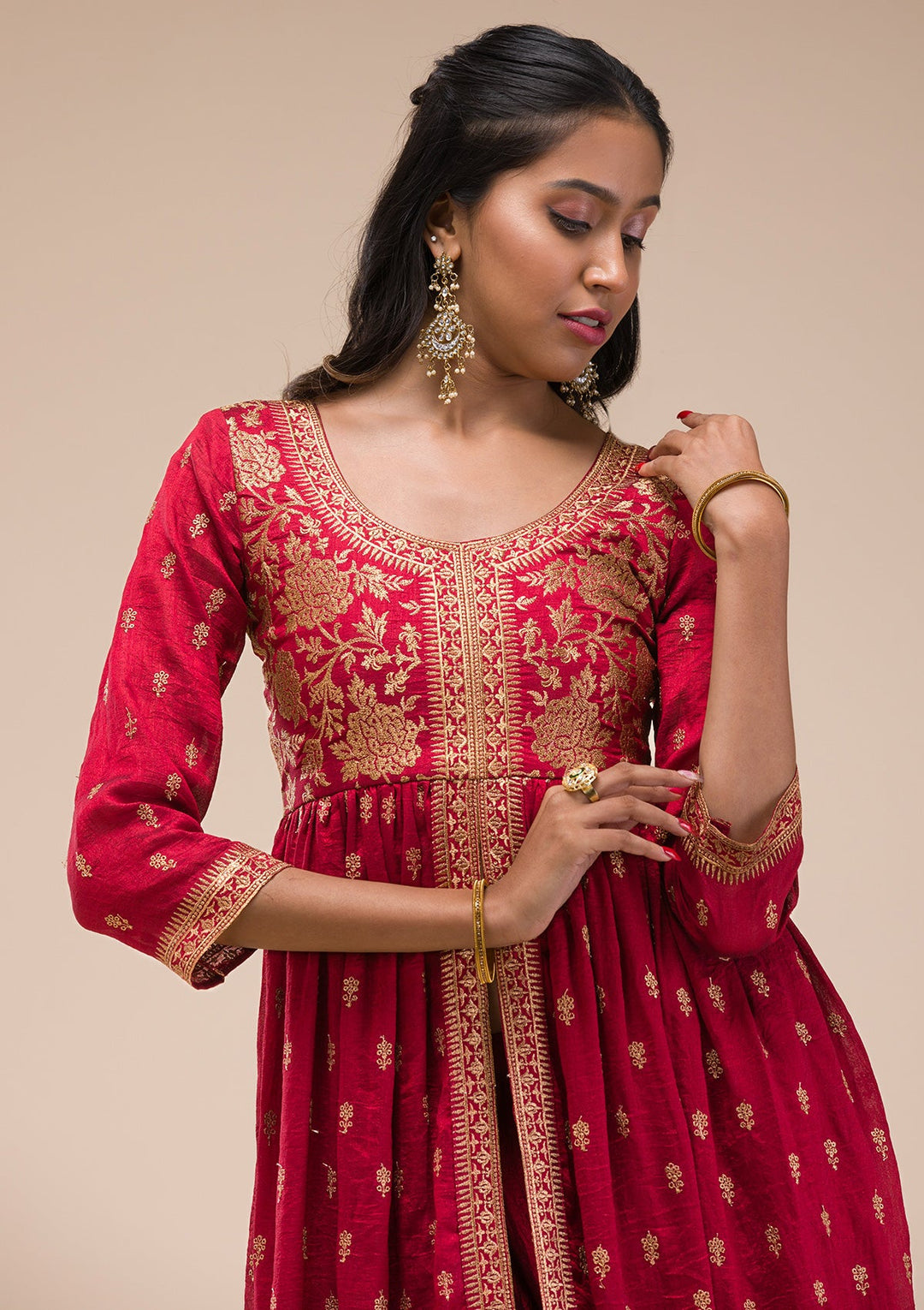 Maroon Zariwork Raw Silk Readymade Salwar Suit-Koskii