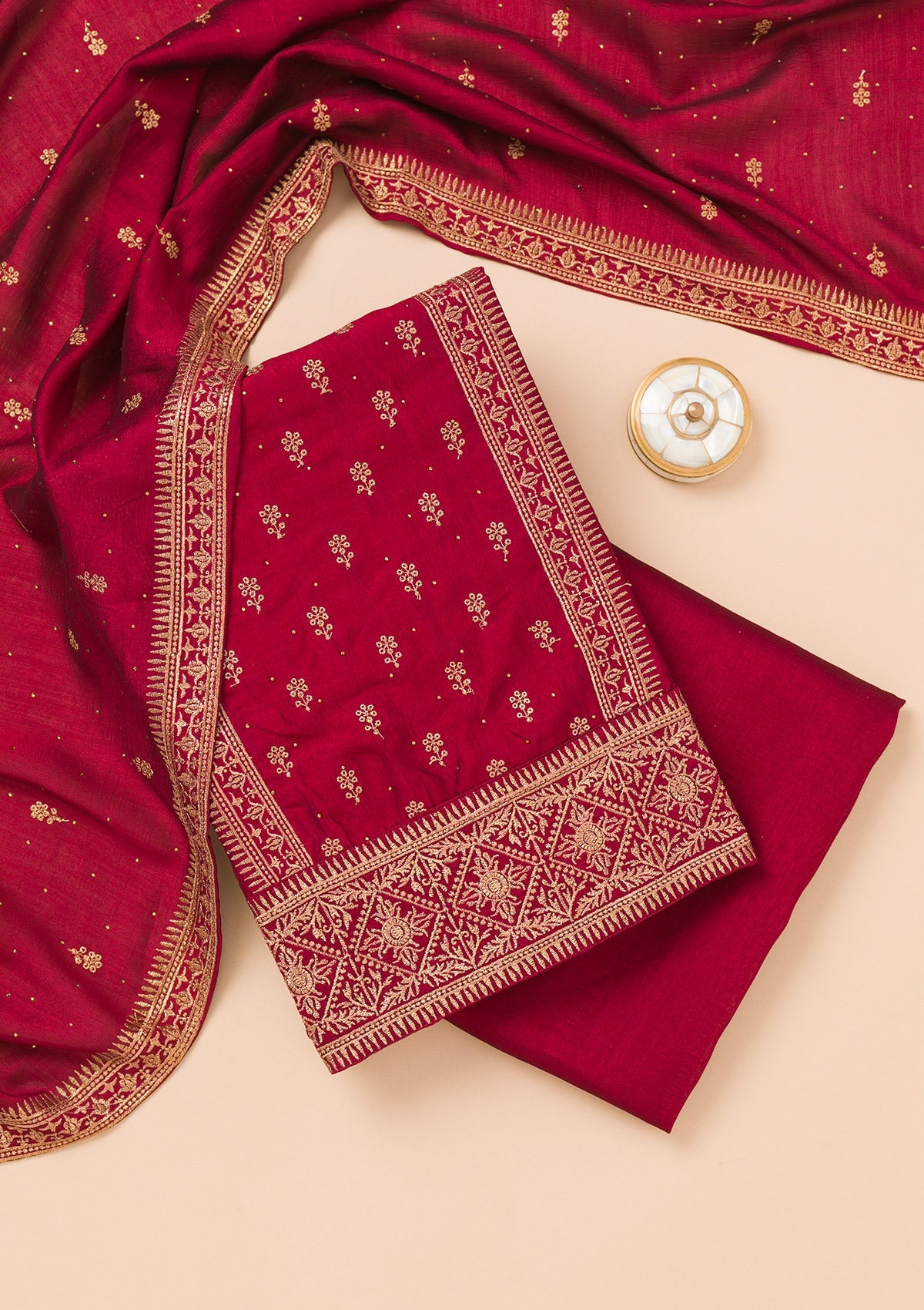 Maroon Zariwork Raw Silk Unstitched Salwar Suit-Koskii