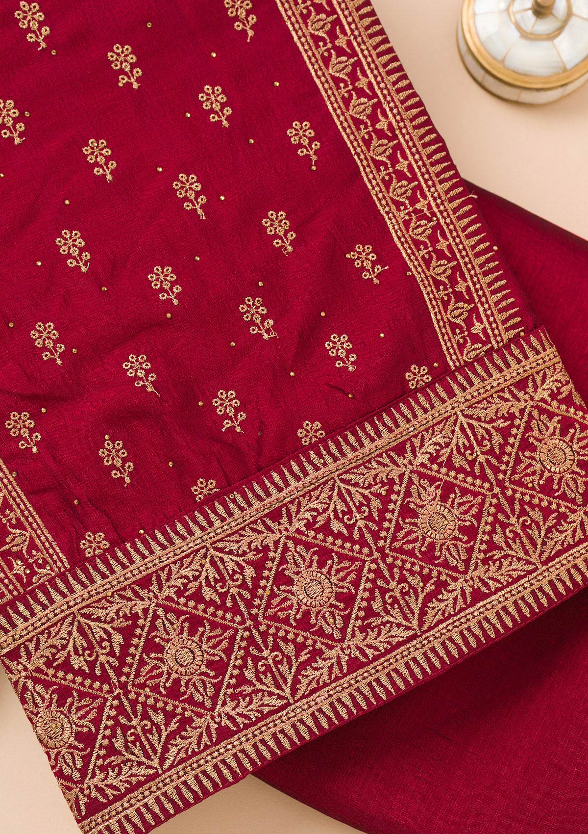 Maroon Zariwork Raw Silk Unstitched Salwar Suit-Koskii