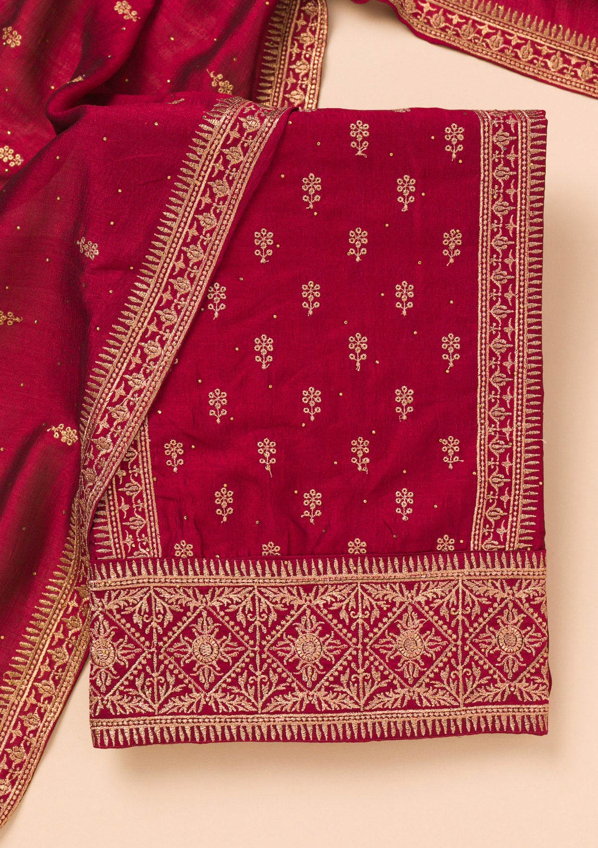 Maroon Zariwork Raw Silk Unstitched Salwar Suit-Koskii