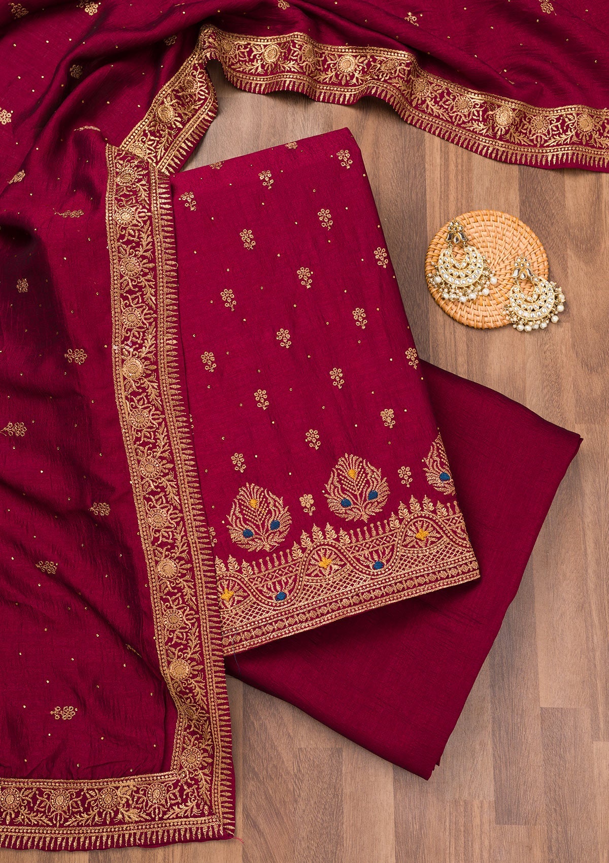 Maroon Zariwork Raw Silk Unstitched Salwar Suit-Koskii