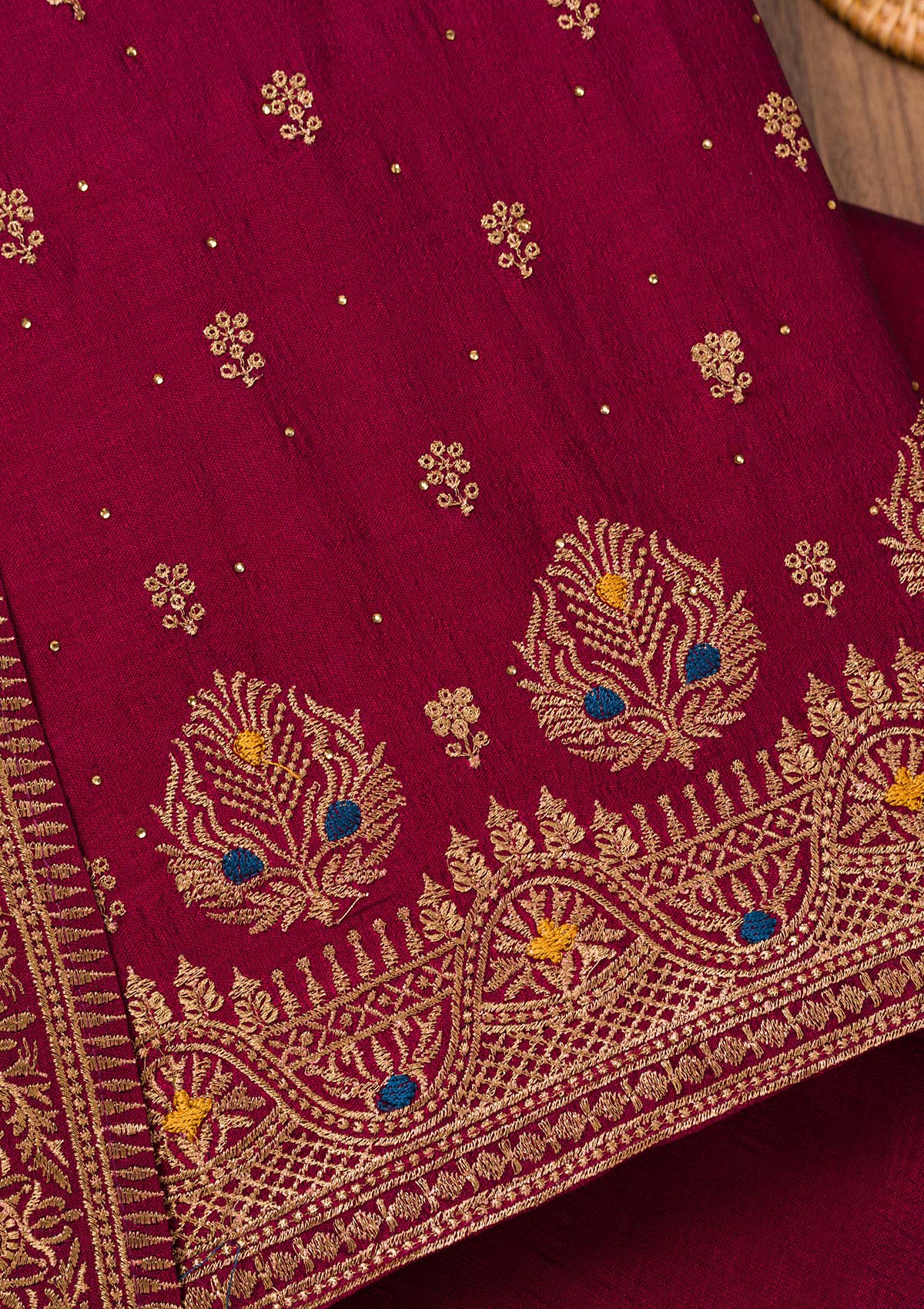 Maroon Zariwork Raw Silk Unstitched Salwar Suit-Koskii