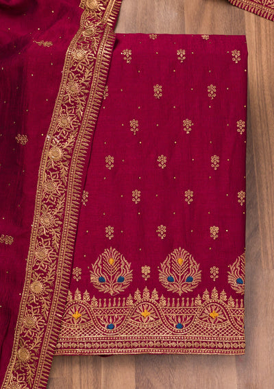 Maroon Zariwork Raw Silk Unstitched Salwar Suit-Koskii