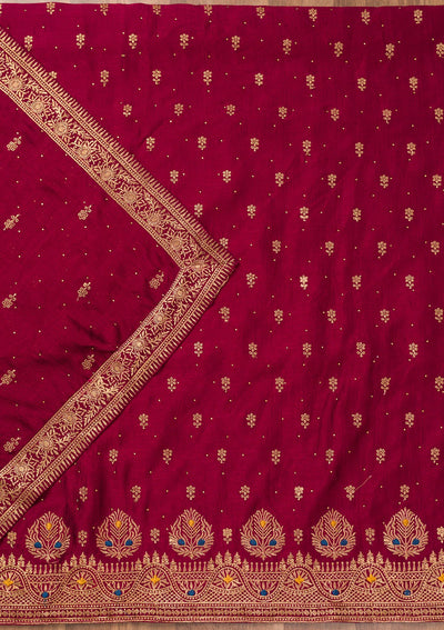 Maroon Zariwork Raw Silk Unstitched Salwar Suit-Koskii