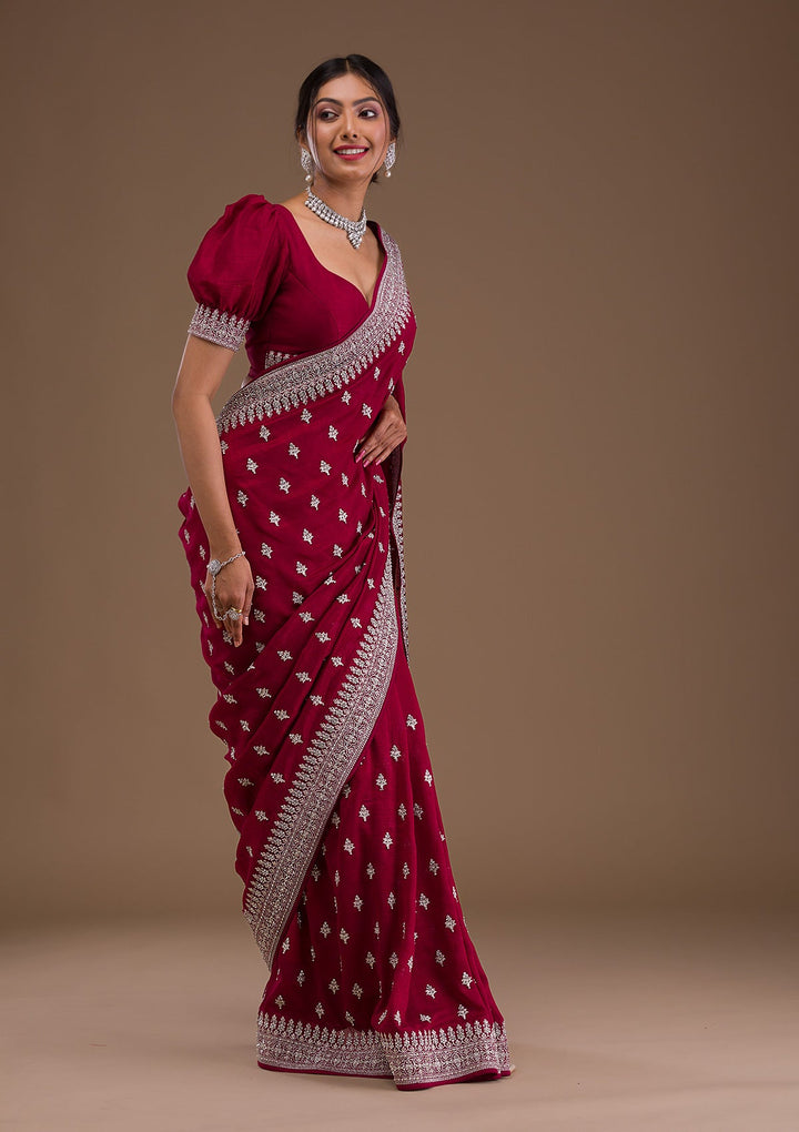Maroon Zariwork Raw Silk Saree-Koskii