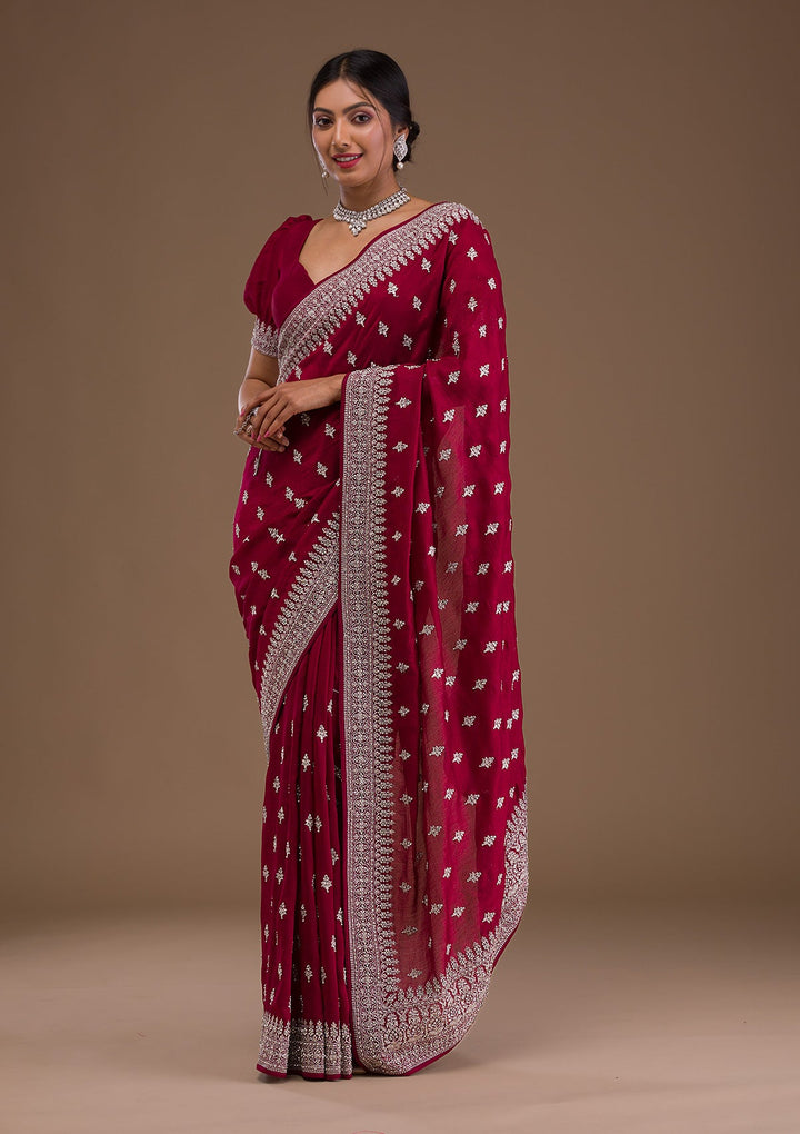 Maroon Zariwork Raw Silk Saree-Koskii