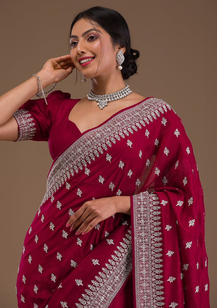 Maroon Zariwork Raw Silk Saree-Koskii
