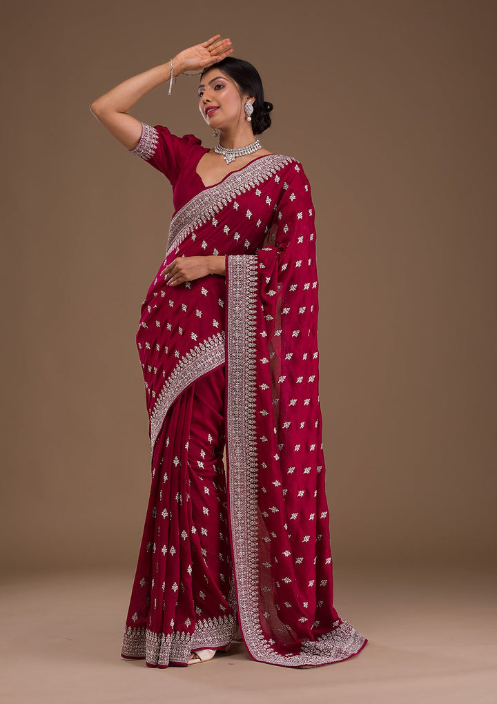 Maroon Zariwork Raw Silk Saree-Koskii