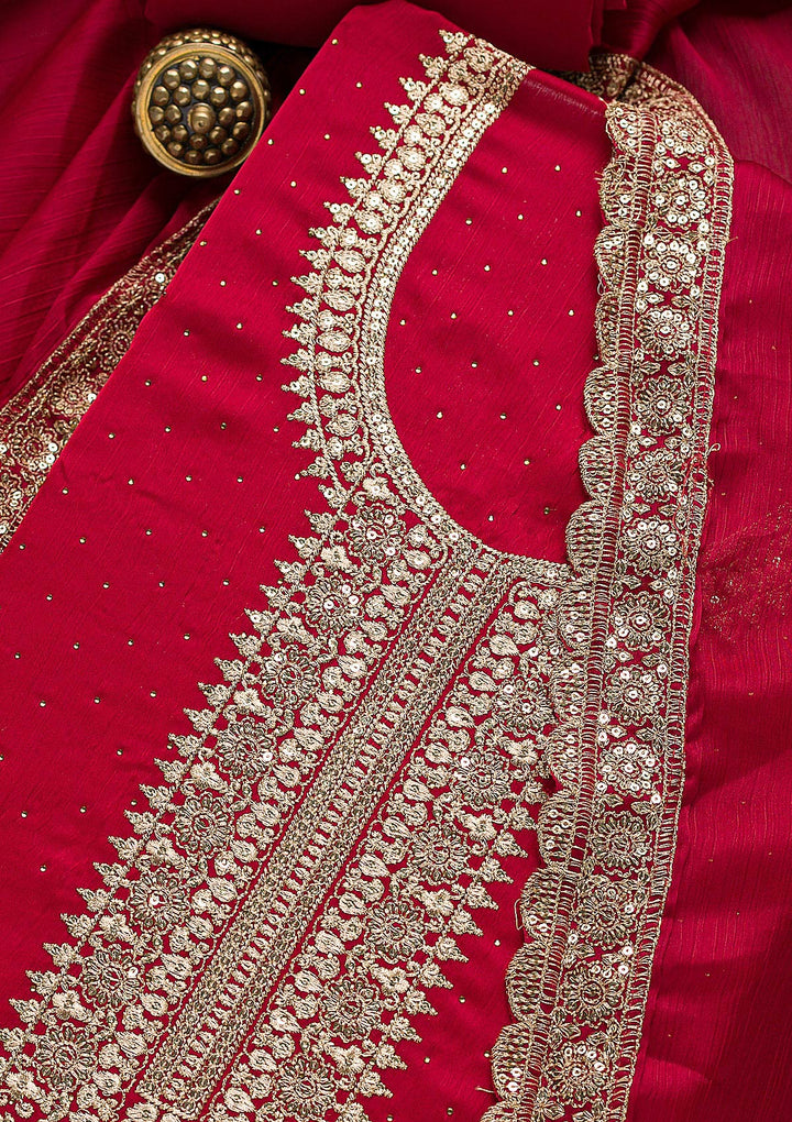 Maroon Zariwork Semi Crepe Unstitched Salwar Suit-Koskii