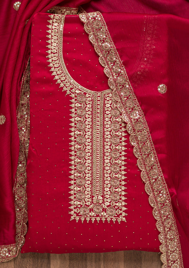 Maroon Zariwork Semi Crepe Unstitched Salwar Suit-Koskii