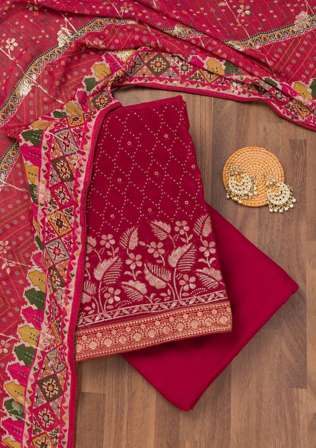 Maroon Zariwork Semi Crepe Unstitched Salwar Suit-Koskii